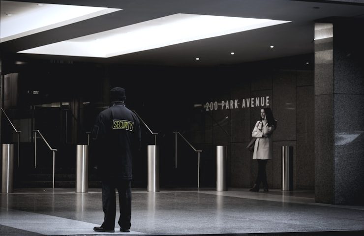 Security officer on duty in a commercial building lobby